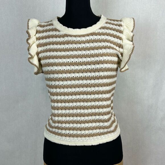 NEW blu pepper Sleeveless Sweater Ruffle Sz Large Loose Knit Beige Tan - Picture 1 of 7